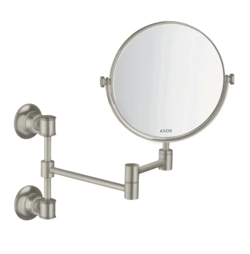 Wandmontierter Rasierspiegel mit einem runden Spiegelglas und einem schwenkbaren Metallarm in Edelstahloptik, Marke AXOR.